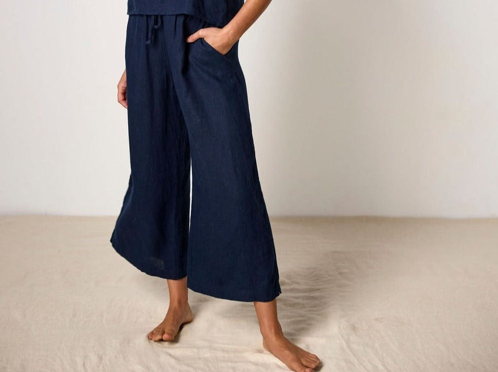 ISABELLA V. Finest French Linen Bella Pants  Navy Blue