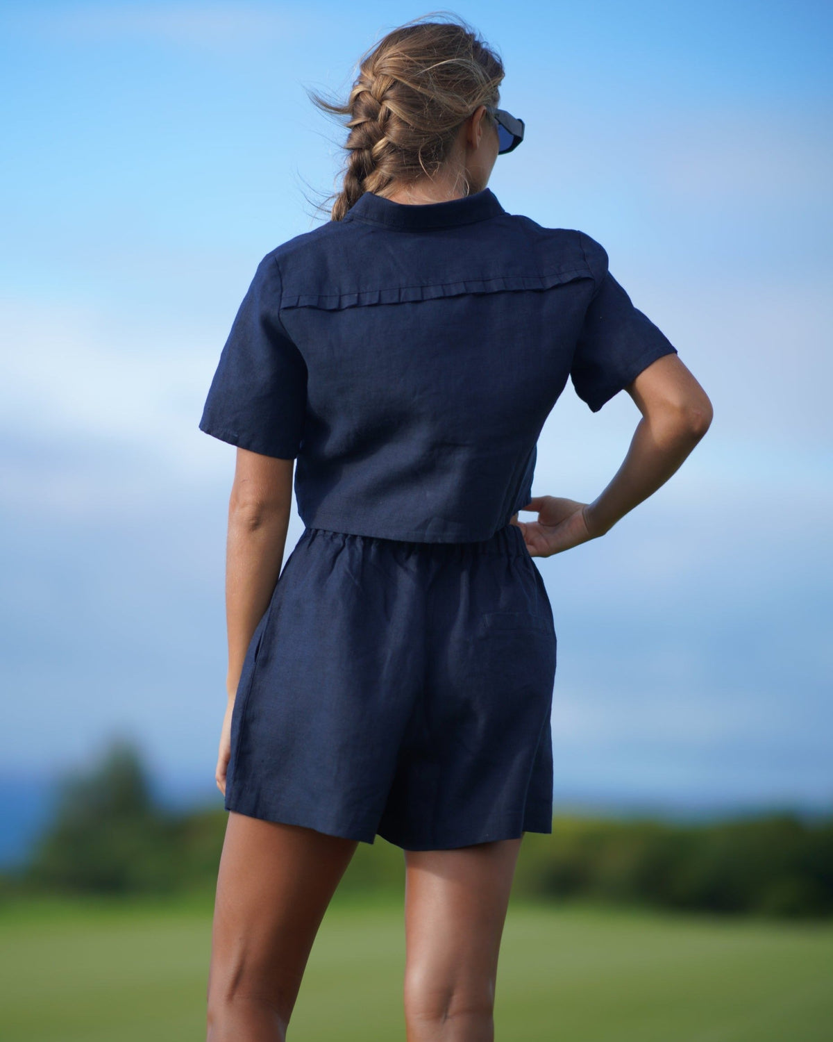 ISABELLA V. French Linen Elsa Shorts + Elsa Shirt - back view