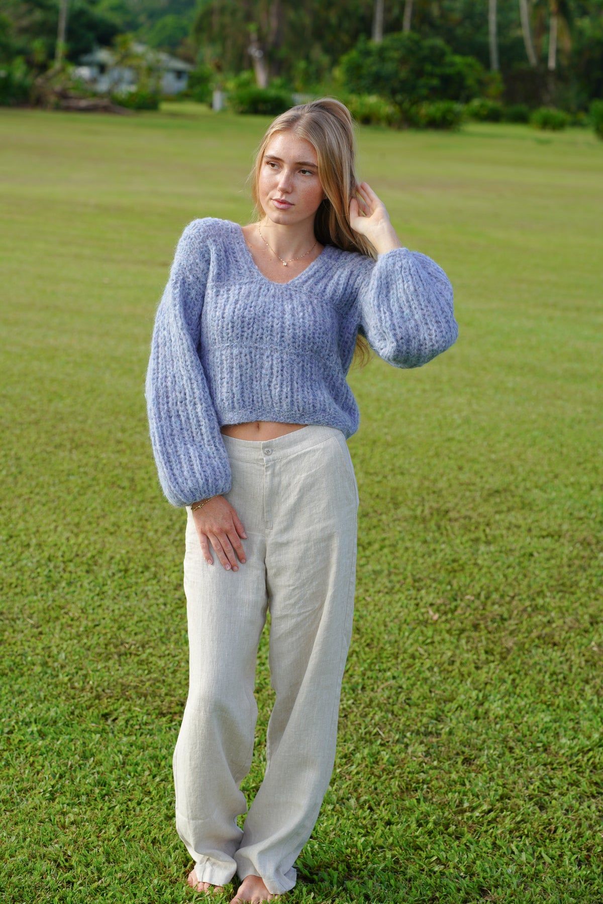 Baby blue aurelia baby alpaca sweater - back view