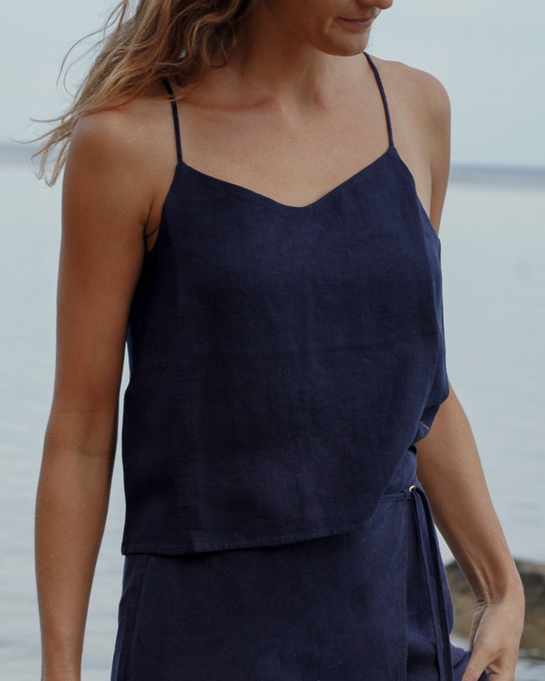 Bella European Linen Drawstring Top - Navy
