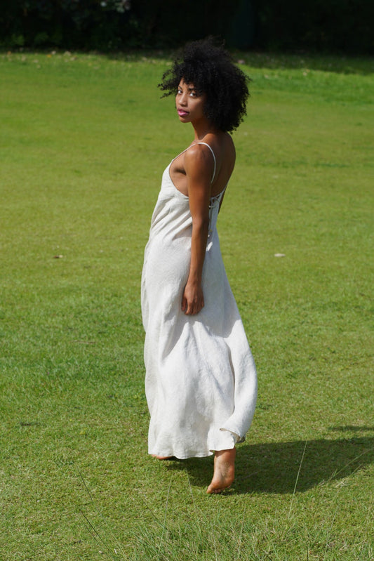 French Linen Maxi Dress Oatmeal color 